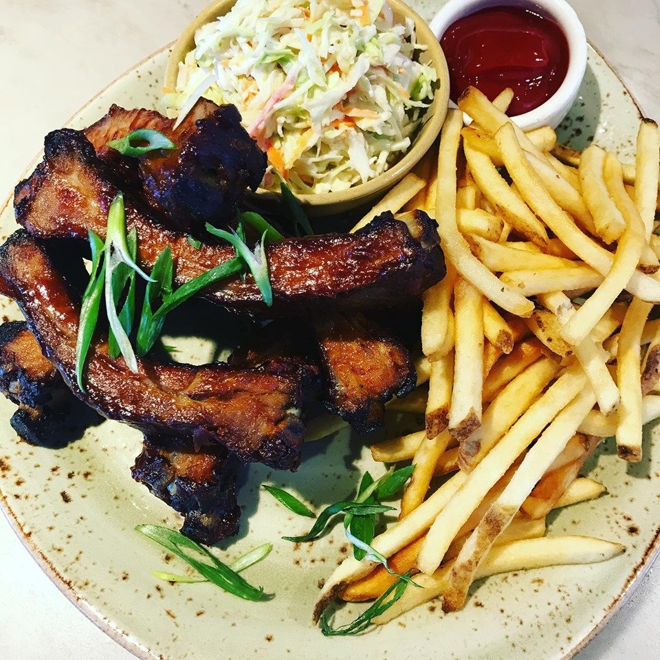 smoked baby back ribs and fries